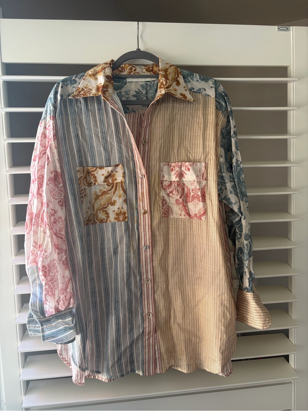 Zimmermann Patchwork Button-Down Shirt in Blue, Pink, Beige